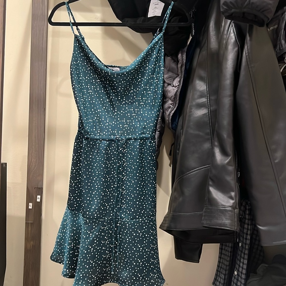 Super cute green with white polkadot mini dress small